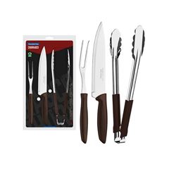 KIT PARA CHURRASCO TRAMONTINA PLENUS COM LÂMINAS EM AÇO INOX E CABOS DE POLIPROPILENO 3 PEÇAS