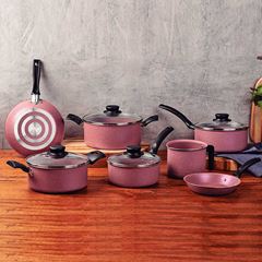 JOGO DE PANELAS TRAMONTINA TURIM EM ALUMINIO COM REVESTIMENTO INTERNO E EXTERNO EM ANTIADERENTE STARFLON MAX ROSA 07 PEÇAS